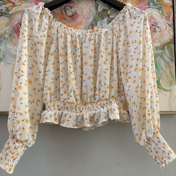 Helen Owen x AQUA Floral Smocked Crop Blouse Yellow White Size S - Picture 3 of 9